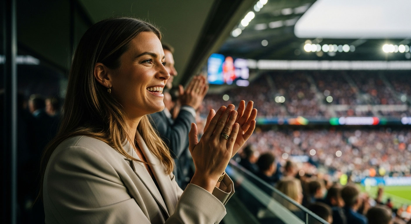 The wife of a pro athlete cheers on her husband from the stand of a stadium