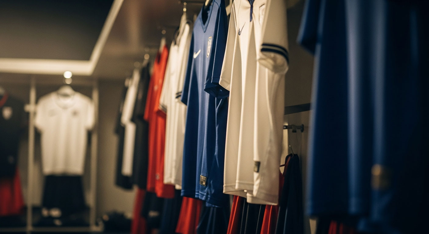 A selection of team kits hanging up on hooks in the locker room of a big sports stadium