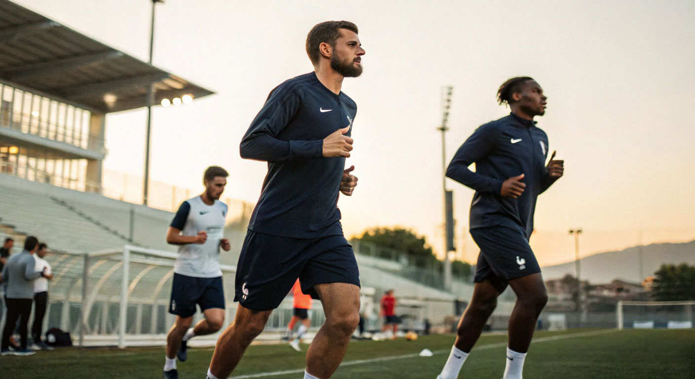 Two soccer players jogging outside during a pre-season training camp