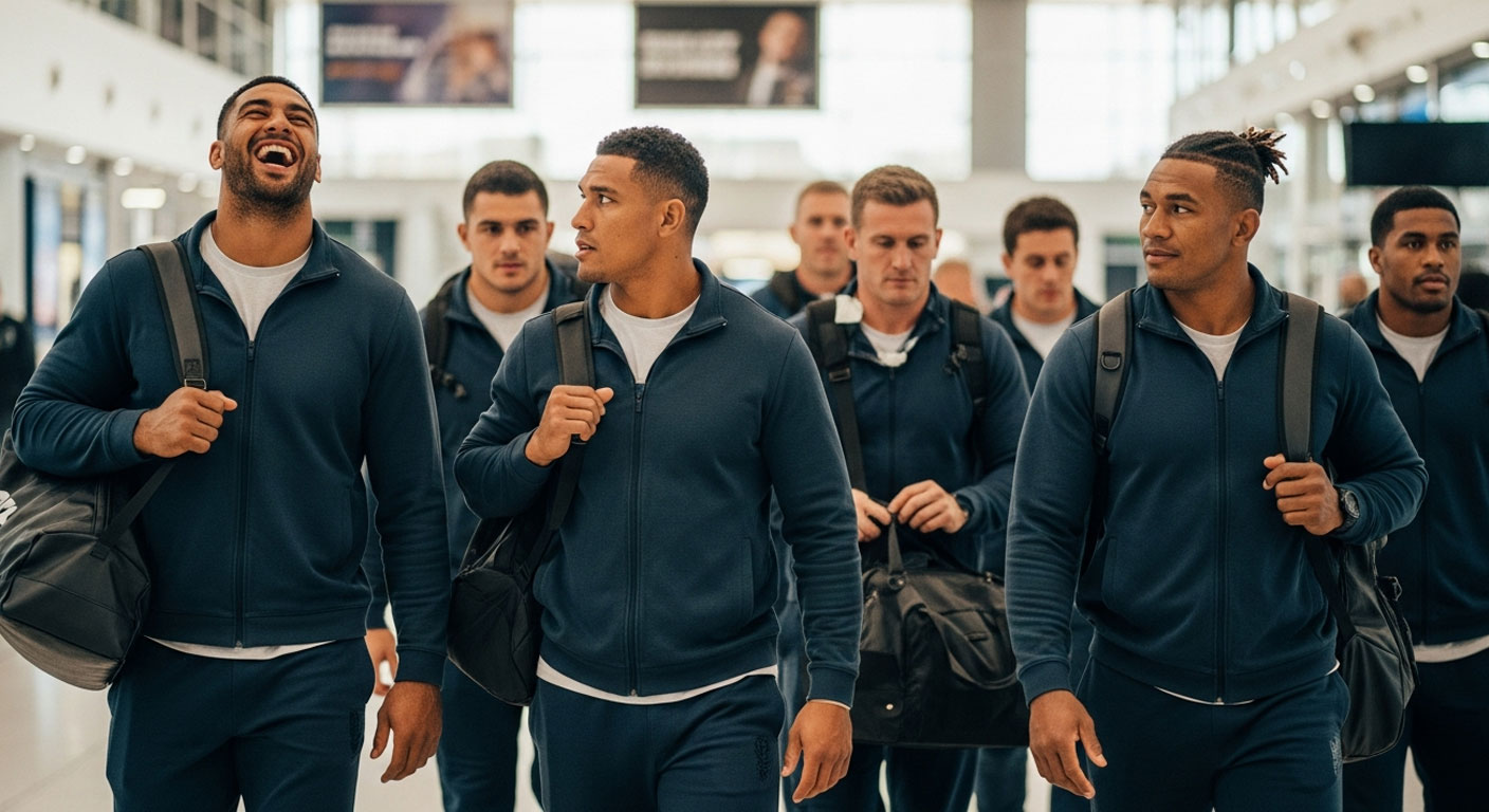 A team of rugby players walking through the airport