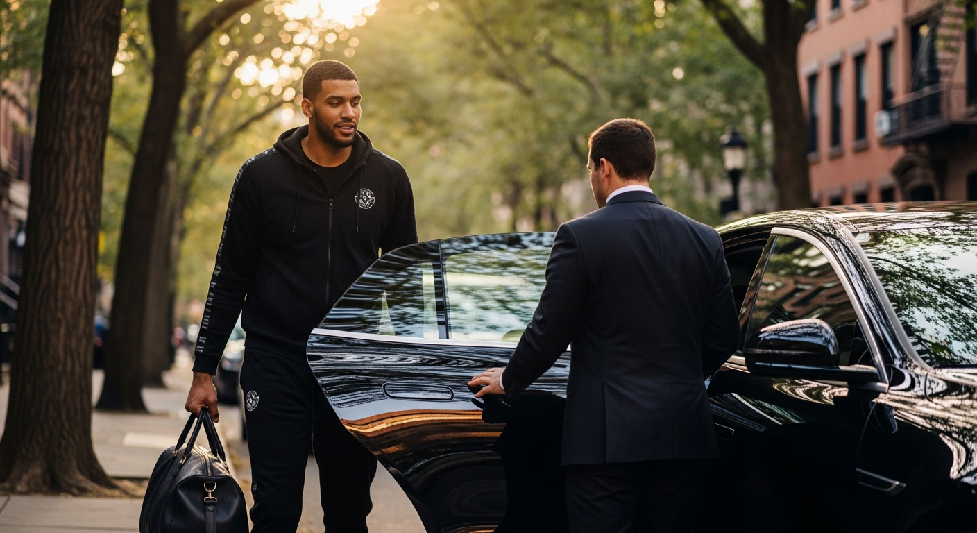 A professional athlete entering a private taxi while carrying a sports bag