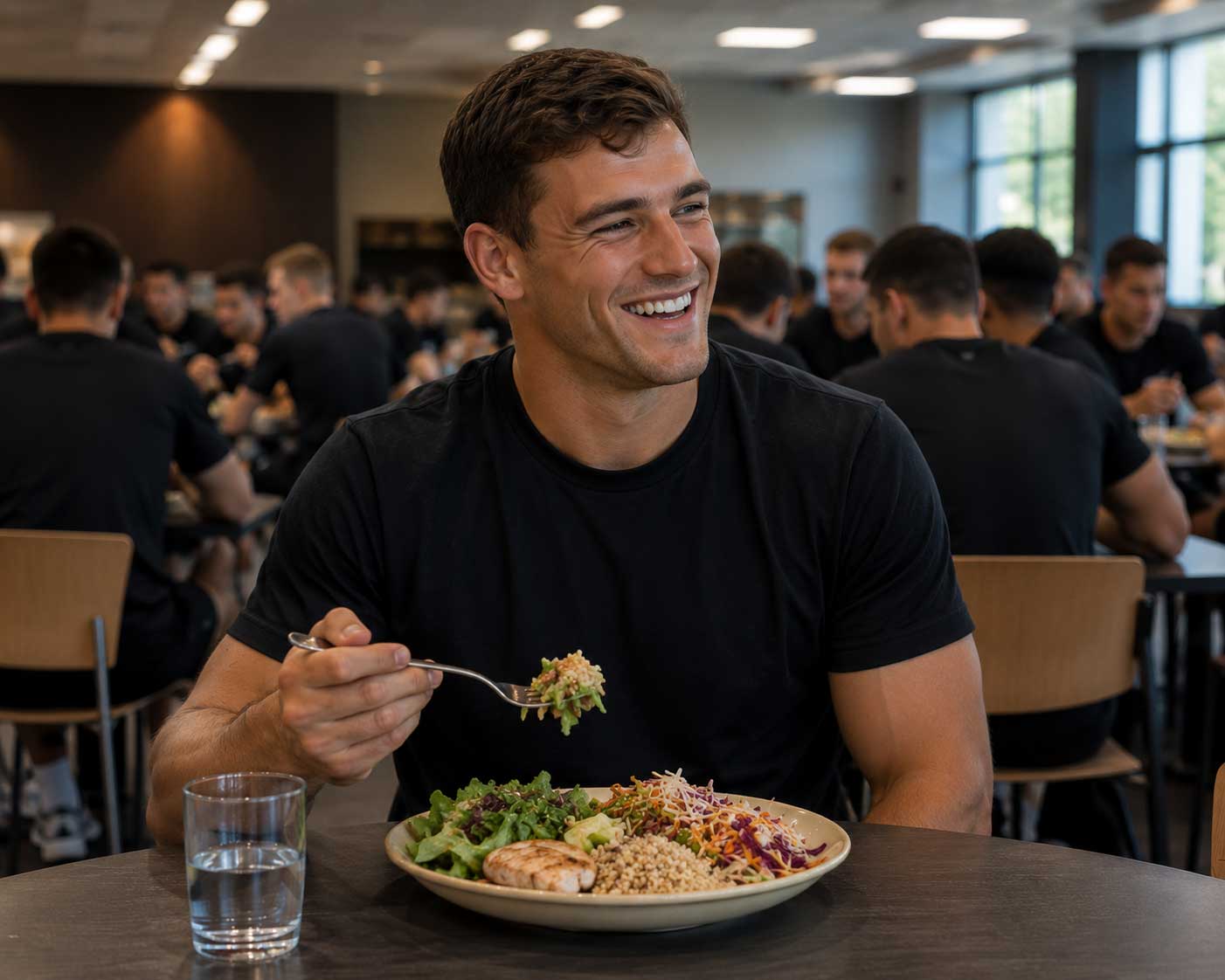 Rugby player eating at hotel cafeteria