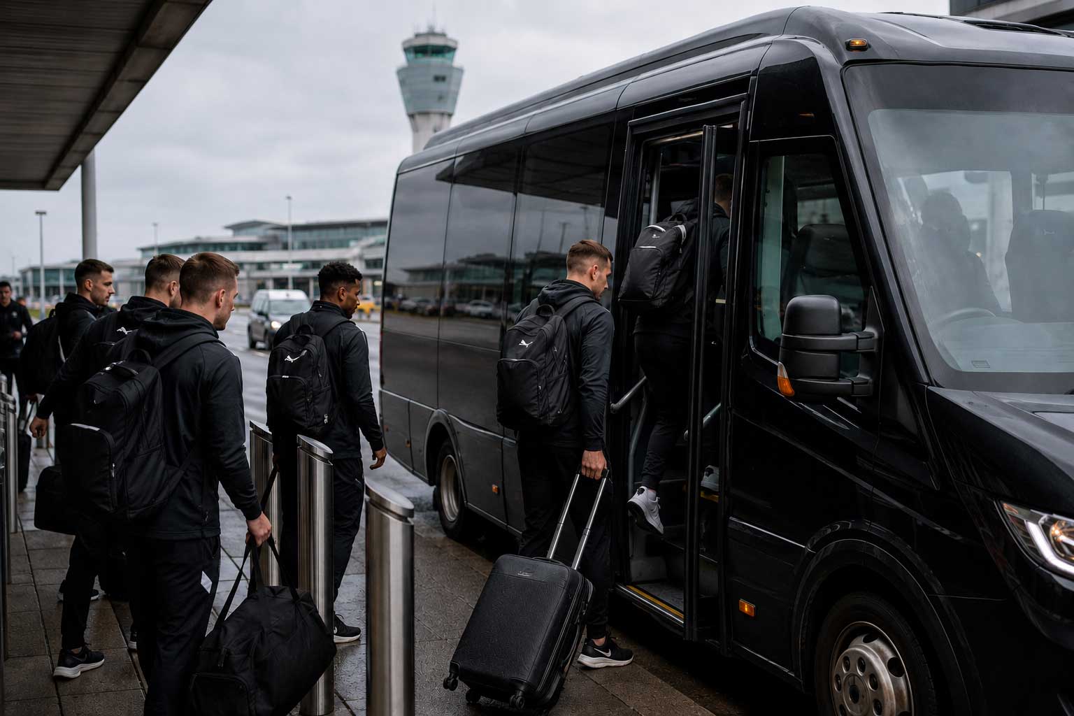 Sports team entering a minibus